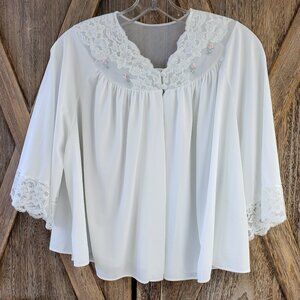 Vintage Shadowline Bed Jacket Size M White Lace Trim Embroidered Pink Flowers